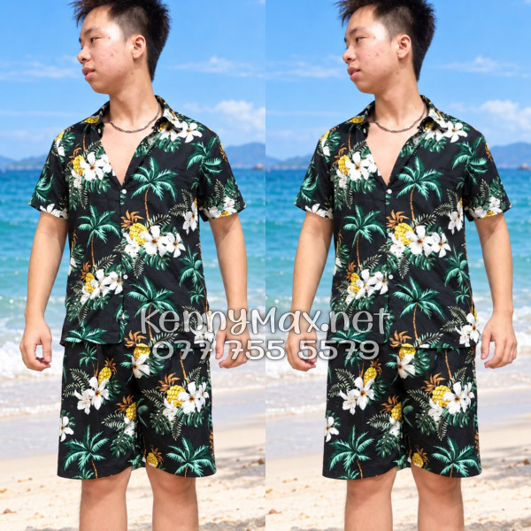 Set Áo Sơ Mi Quần Short Tropical Thơm Dứa Cây Dừa Hoa Sứ Đen Đi Biển Nam Nữ