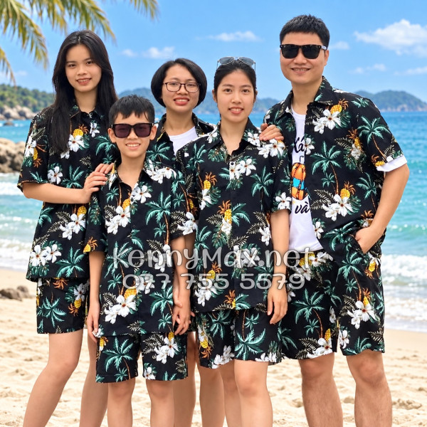 Set Áo Sơ Mi Quần Short Tropical Thơm Dứa Cây Dừa Hoa Sứ Đen Đi Biển Nam Nữ