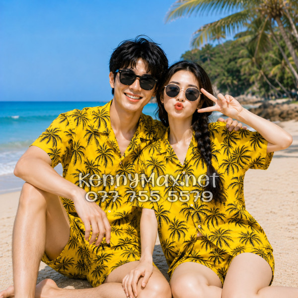 Set Áo Sơ Mi Quần Short Tropical Cây Dừa Đen Nền Vàng Đi Biển Nam Nữ
