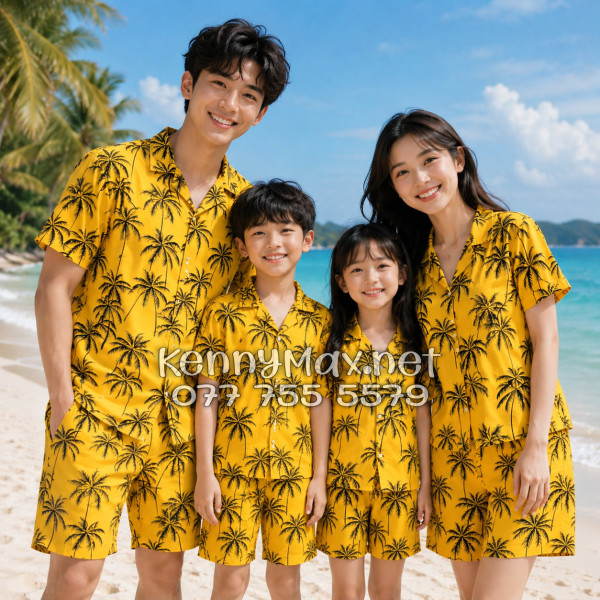 Set Áo Sơ Mi Quần Short Tropical Cây Dừa Đen Nền Vàng Đi Biển Nam Nữ