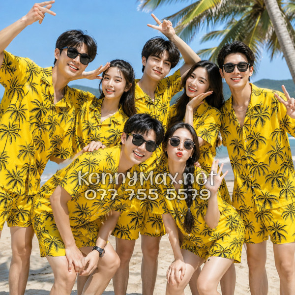 Set Áo Sơ Mi Quần Short Tropical Cây Dừa Đen Nền Vàng Đi Biển Nam Nữ