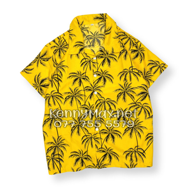 Set Áo Sơ Mi Quần Short Tropical Cây Dừa Đen Nền Vàng Đi Biển Nam Nữ