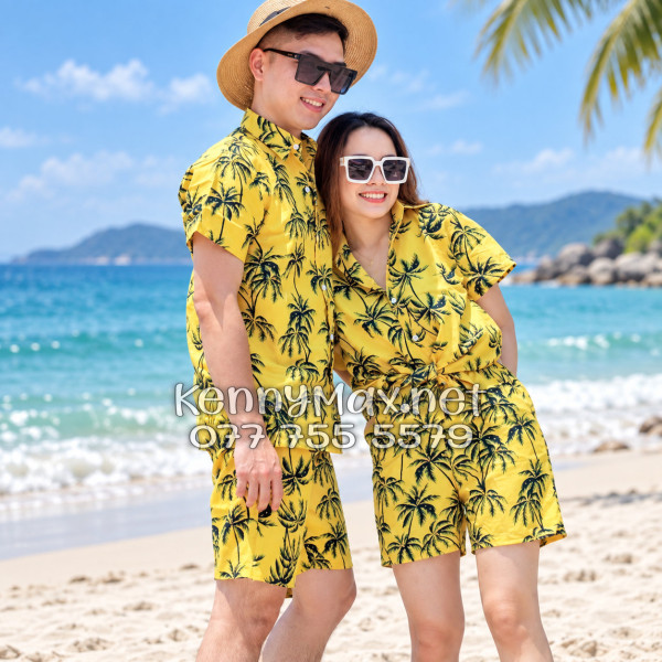 Set Áo Sơ Mi Quần Short Tropical Cây Dừa Đen Nền Vàng Đi Biển Nam Nữ