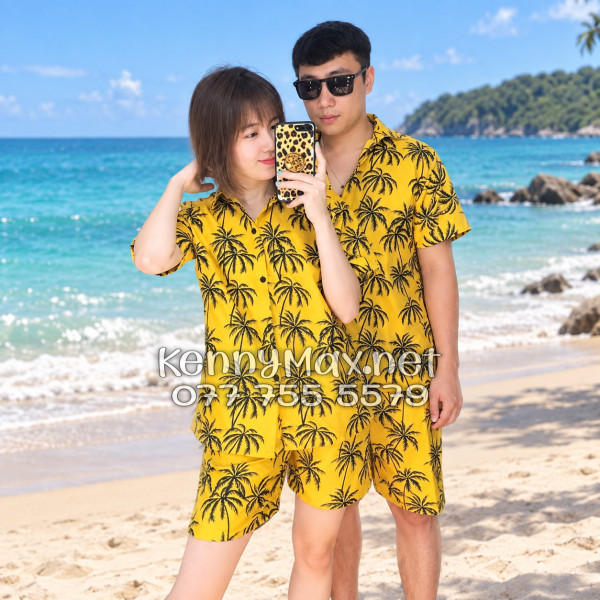 Set Áo Sơ Mi Quần Short Tropical Cây Dừa Đen Nền Vàng Đi Biển Nam Nữ