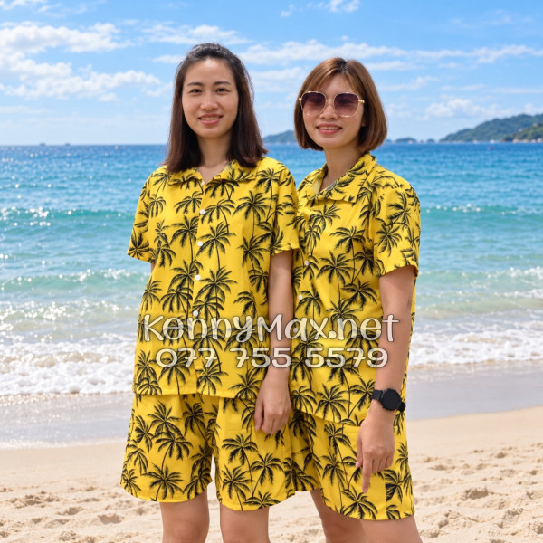 Set Áo Sơ Mi Quần Short Tropical Cây Dừa Đen Nền Vàng Đi Biển Nam Nữ