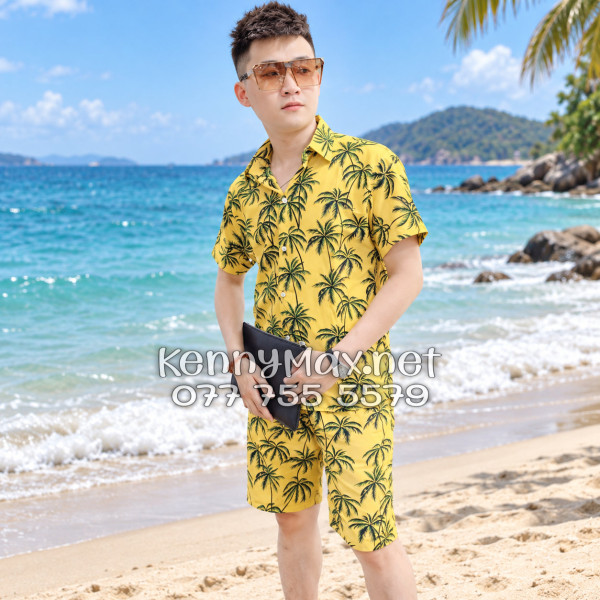Set Áo Sơ Mi Quần Short Tropical Cây Dừa Đen Nền Vàng Đi Biển Nam Nữ