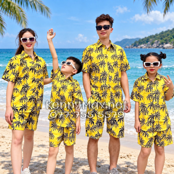 Set Áo Sơ Mi Quần Short Tropical Cây Dừa Đen Nền Vàng Đi Biển Nam Nữ