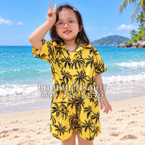 Set Áo Sơ Mi Quần Short Tropical Cây Dừa Đen Nền Vàng Đi Biển Nam Nữ