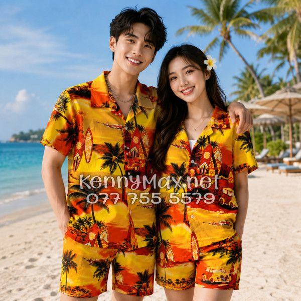 Set Áo Sơ Mi Quần Short Tropical Hoàng Hôn Cây Dừa Cam Đỏ Đi Biển Nam Nữ