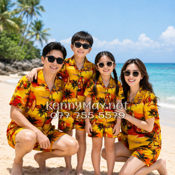 Set Áo Sơ Mi Quần Short Tropical Hoàng Hôn Cây Dừa Cam Đỏ Đi Biển Nam Nữ