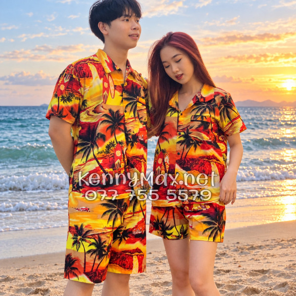 Set Áo Sơ Mi Quần Short Tropical Hoàng Hôn Cây Dừa Cam Đỏ Đi Biển Nam Nữ