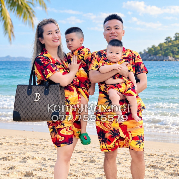 Set Áo Sơ Mi Quần Short Tropical Hoàng Hôn Cây Dừa Cam Đỏ Đi Biển Nam Nữ