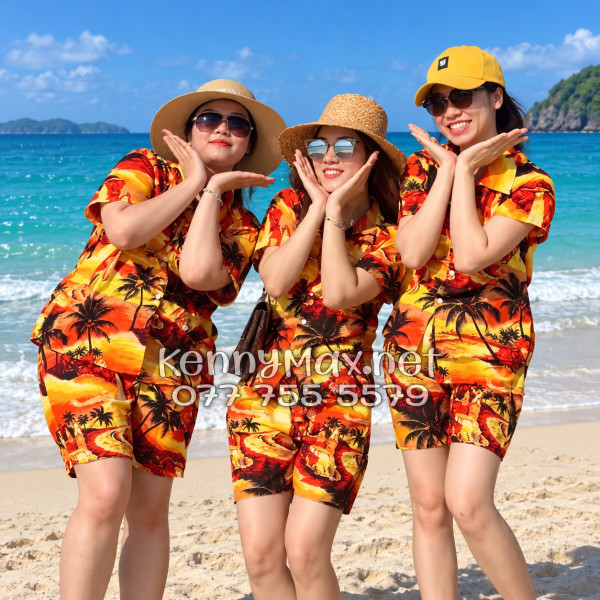 Set Áo Sơ Mi Quần Short Tropical Hoàng Hôn Cây Dừa Cam Đỏ Đi Biển Nam Nữ