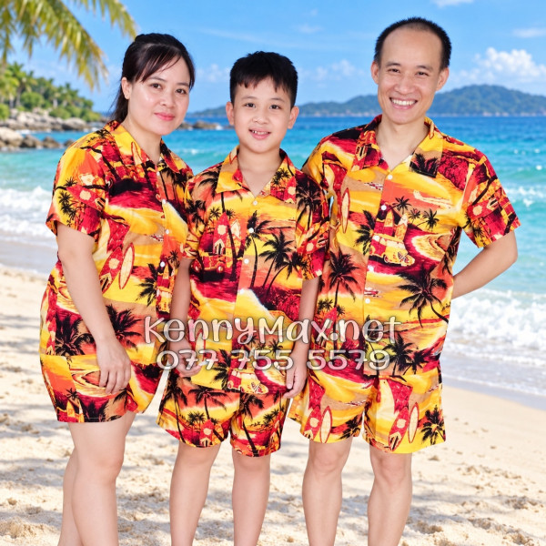 Set Áo Sơ Mi Quần Short Tropical Hoàng Hôn Cây Dừa Cam Đỏ Đi Biển Nam Nữ