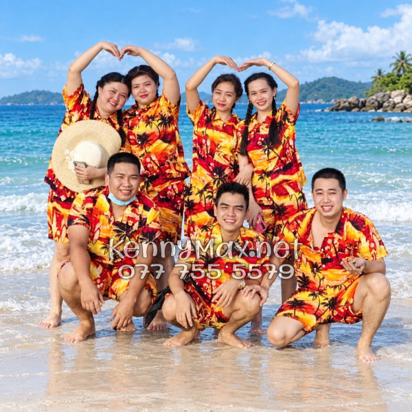 Set Áo Sơ Mi Quần Short Tropical Hoàng Hôn Cây Dừa Cam Đỏ Đi Biển Nam Nữ