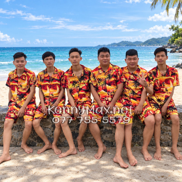 Set Áo Sơ Mi Quần Short Tropical Hoàng Hôn Cây Dừa Cam Đỏ Đi Biển Nam Nữ