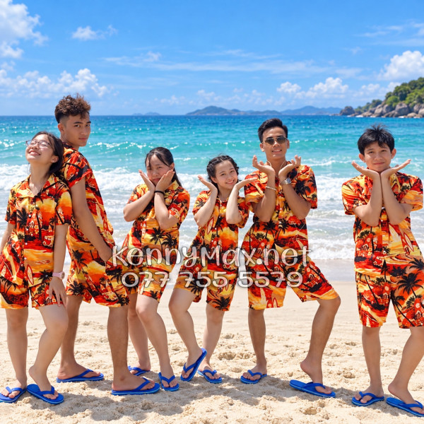 Set Áo Sơ Mi Quần Short Tropical Hoàng Hôn Cây Dừa Cam Đỏ Đi Biển Nam Nữ
