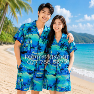 Set Áo Sơ Mi Quần Short Tropical Cây Dừa Xanh Đi Biển Nam Nữ