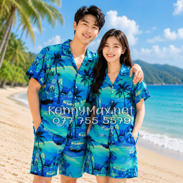 Set Áo Sơ Mi Quần Short Tropical Cây Dừa Xanh Đi Biển Nam Nữ