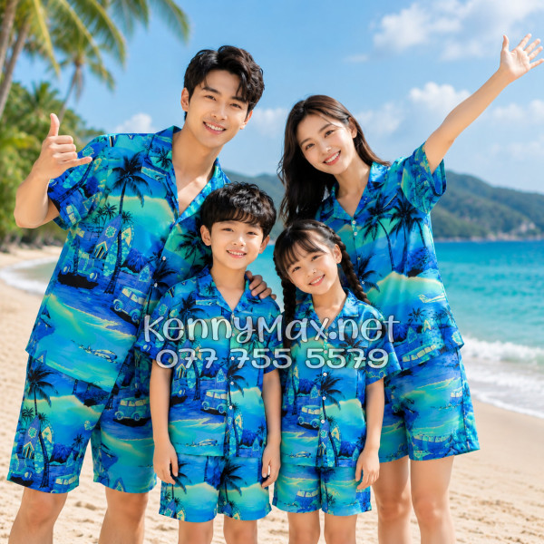 Set Áo Sơ Mi Quần Short Tropical Cây Dừa Xanh Đi Biển Nam Nữ