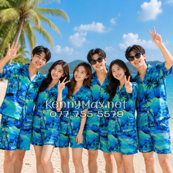 Set Áo Sơ Mi Quần Short Tropical Cây Dừa Xanh Đi Biển Nam Nữ