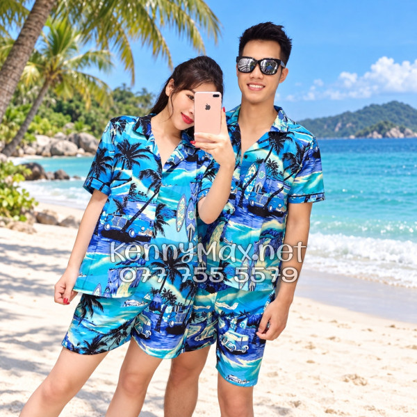 Set Áo Sơ Mi Quần Short Tropical Cây Dừa Xanh Đi Biển Nam Nữ