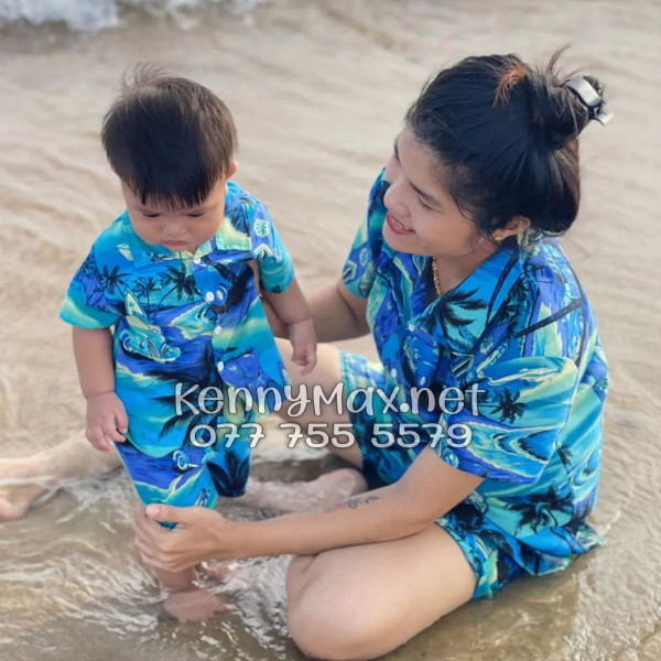 Set Áo Sơ Mi Quần Short Tropical Cây Dừa Xanh Đi Biển Nam Nữ