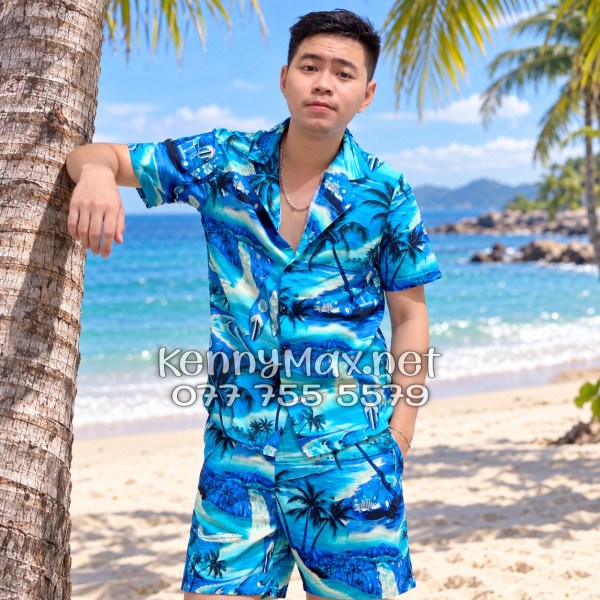 Set Áo Sơ Mi Quần Short Tropical Cây Dừa Xanh Đi Biển Nam Nữ