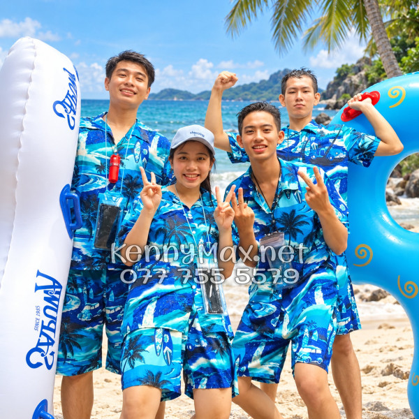 Set Áo Sơ Mi Quần Short Tropical Cây Dừa Xanh Đi Biển Nam Nữ