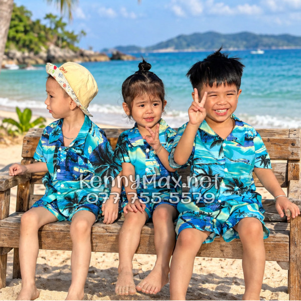 Set Áo Sơ Mi Quần Short Tropical Cây Dừa Xanh Đi Biển Nam Nữ