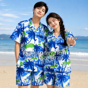Set Áo Sơ Mi Quần Short Tropical Cây Dừa Trắng Đi Biển Nam Nữ