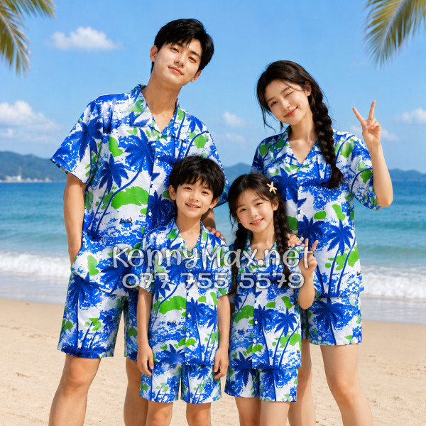 Set Áo Sơ Mi Quần Short Tropical Cây Dừa Trắng Đi Biển Nam Nữ