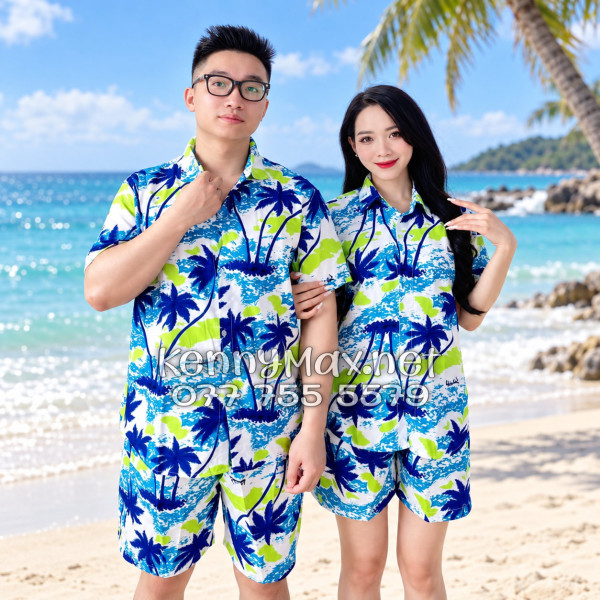Set Áo Sơ Mi Quần Short Tropical Cây Dừa Trắng Đi Biển Nam Nữ