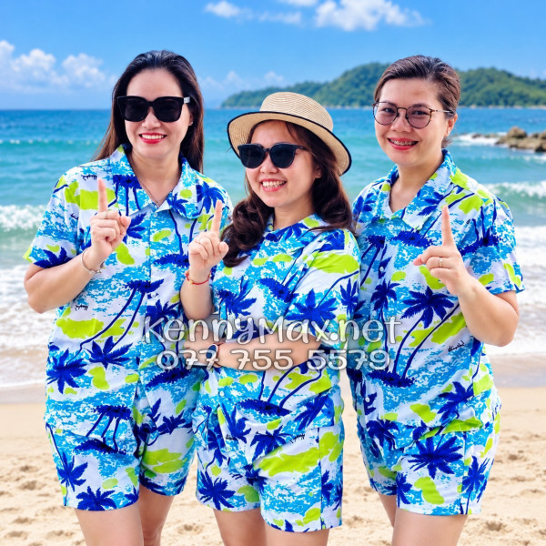 Set Áo Sơ Mi Quần Short Tropical Cây Dừa Trắng Đi Biển Nam Nữ