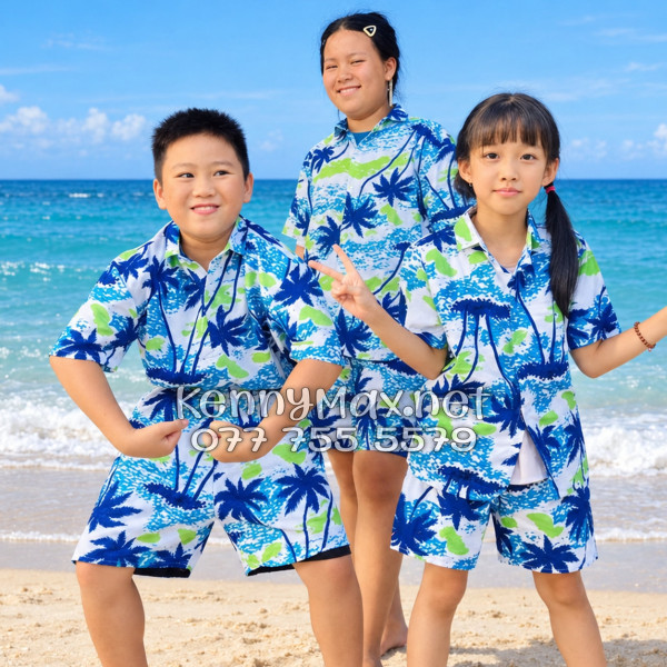 Set Áo Sơ Mi Quần Short Tropical Cây Dừa Trắng Đi Biển Nam Nữ