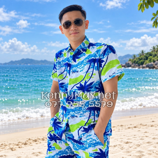 Set Áo Sơ Mi Quần Short Tropical Cây Dừa Trắng Đi Biển Nam Nữ
