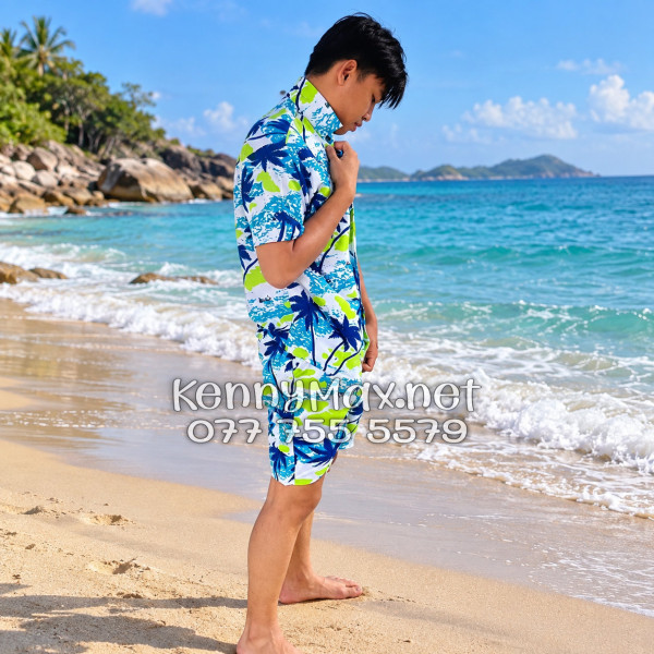 Set Áo Sơ Mi Quần Short Tropical Cây Dừa Trắng Đi Biển Nam Nữ