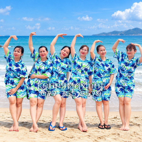 Set Áo Sơ Mi Quần Short Tropical Cây Dừa Trắng Đi Biển Nam Nữ
