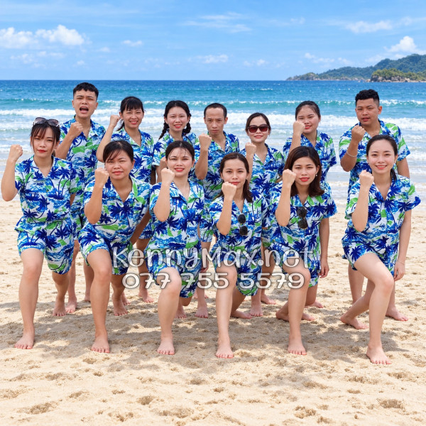 Set Áo Sơ Mi Quần Short Tropical Cây Dừa Trắng Đi Biển Nam Nữ