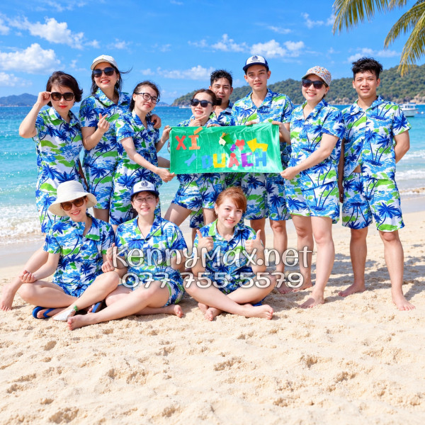 Set Áo Sơ Mi Quần Short Tropical Cây Dừa Trắng Đi Biển Nam Nữ