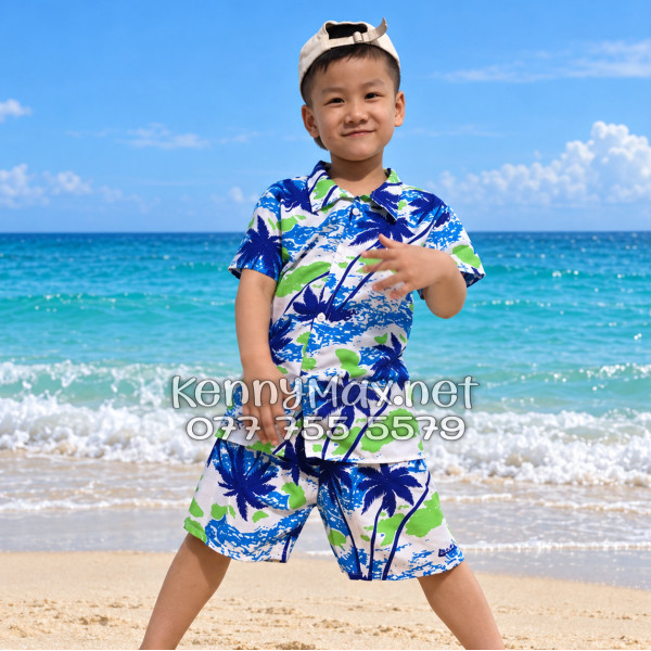 Set Áo Sơ Mi Quần Short Tropical Cây Dừa Trắng Đi Biển Nam Nữ