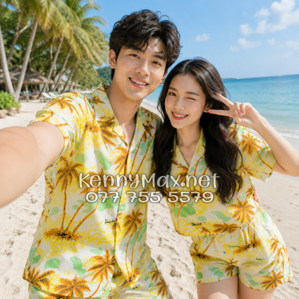 Set Áo Sơ Mi Quần Short Tropical Cây Dừa Nâu Đi Biển Nam Nữ