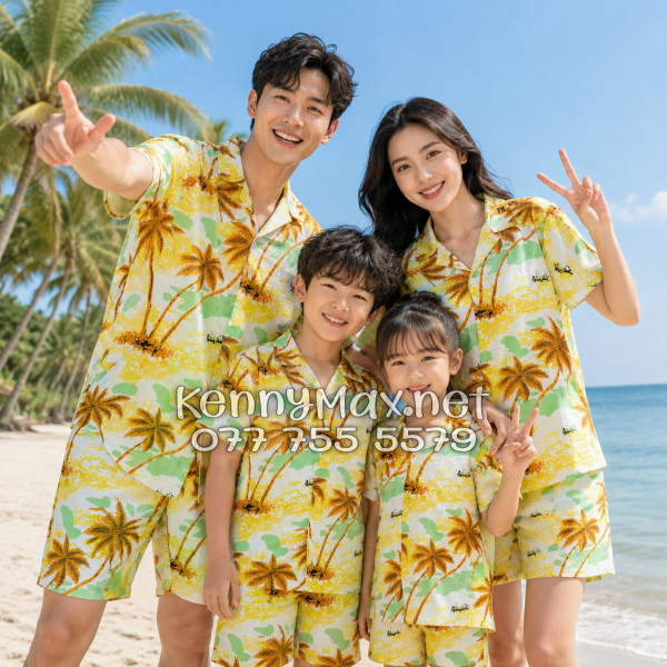 Set Áo Sơ Mi Quần Short Tropical Cây Dừa Nâu Đi Biển Nam Nữ