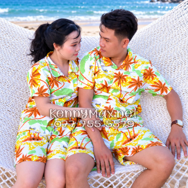 Set Áo Sơ Mi Quần Short Tropical Cây Dừa Nâu Đi Biển Nam Nữ