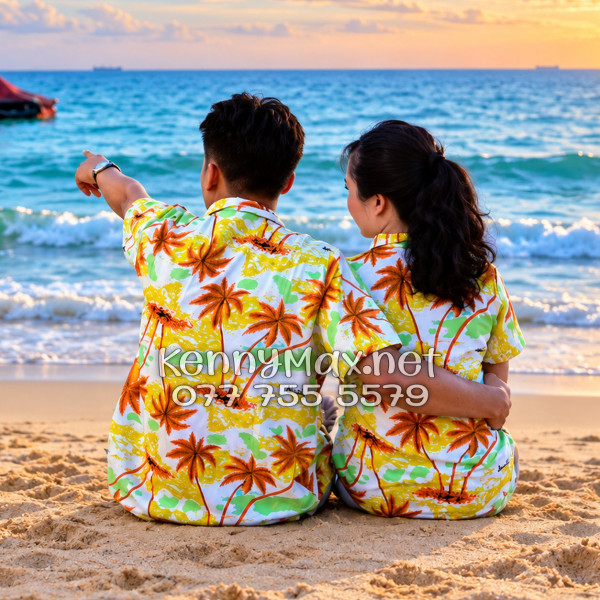 Set Áo Sơ Mi Quần Short Tropical Cây Dừa Nâu Đi Biển Nam Nữ
