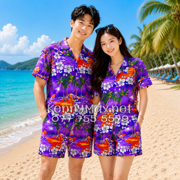 Set Áo Sơ Mi Quần Short Tropical Cây Dừa Tím Đi Biển Nam Nữ