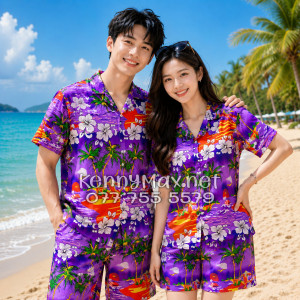 Set Áo Sơ Mi Quần Short Tropical Cây Dừa Tím Đi Biển Nam Nữ