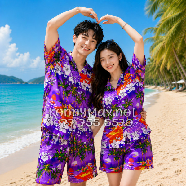 Set Áo Sơ Mi Quần Short Tropical Cây Dừa Tím Đi Biển Nam Nữ