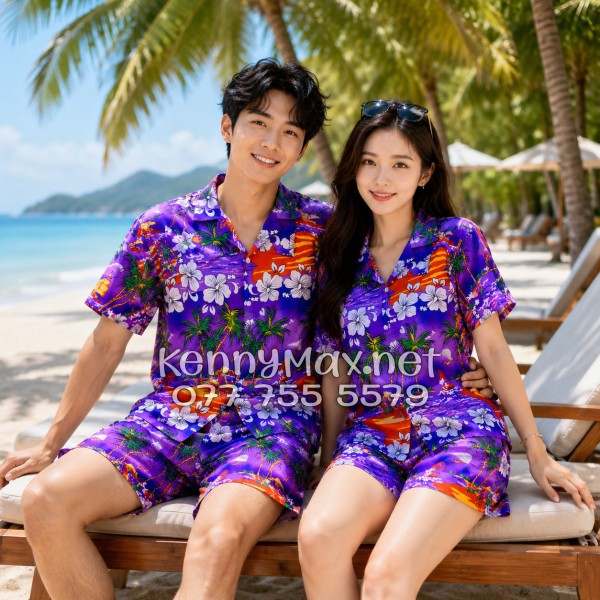 Set Áo Sơ Mi Quần Short Tropical Cây Dừa Tím Đi Biển Nam Nữ