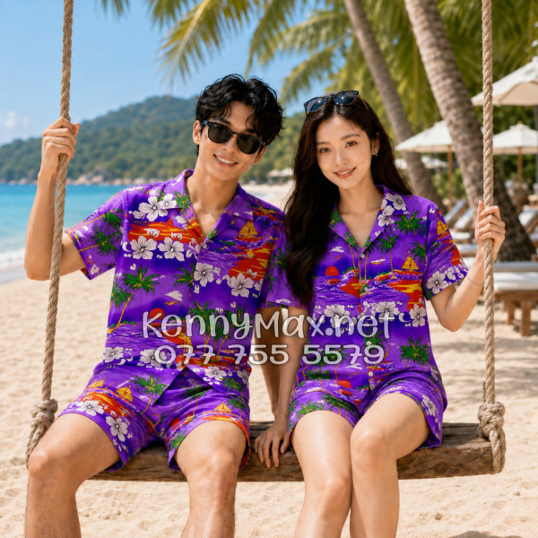 Set Áo Sơ Mi Quần Short Tropical Cây Dừa Tím Đi Biển Nam Nữ